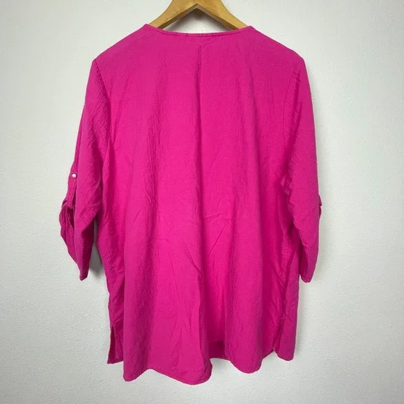 Susan Graver Pink Beaded Top 1X Roll-Tab Sleeve Casual Cotton Coastal Everyday - Picture 4 of 7